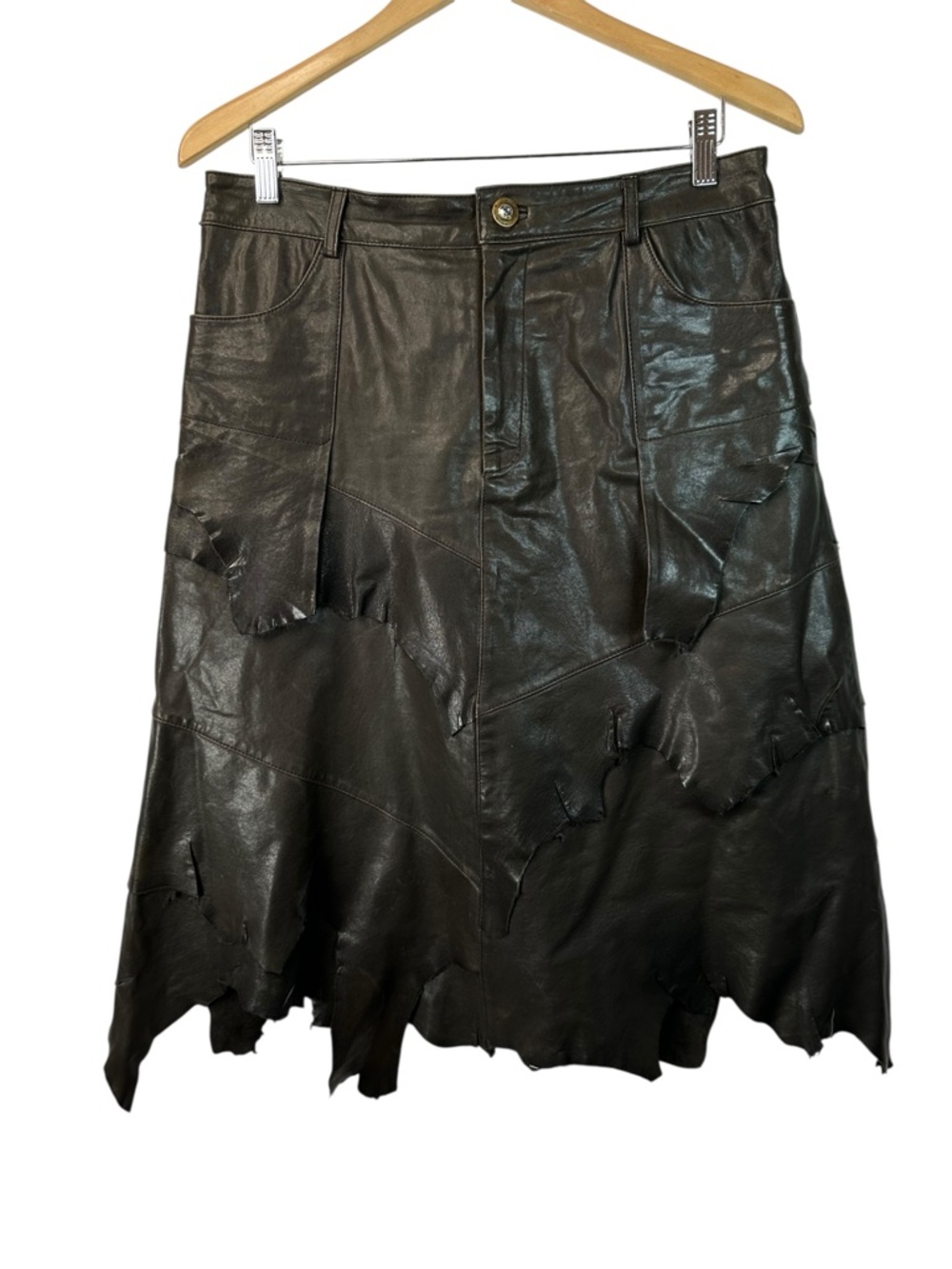 Danier Leather Skirt 10 Brown Patchwork Jagged Hem A Line Edgy Statement - Picture 2 of 14